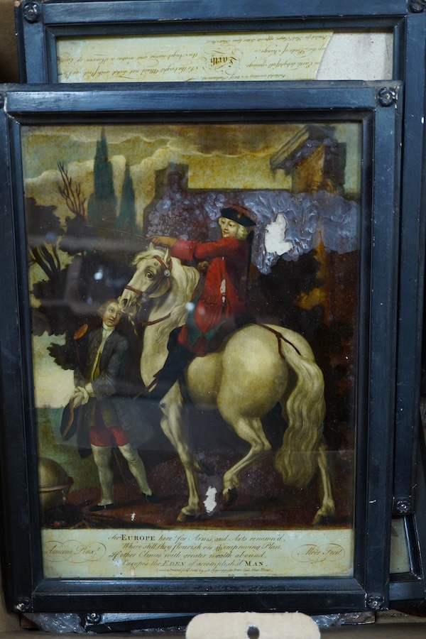 Five 19th century reverse glass painted prints to include after Amiconi, ‘See Europe Here!’, printed for and sold by B. Sayer, London, two damaged, framed, overall 41 x 30cm